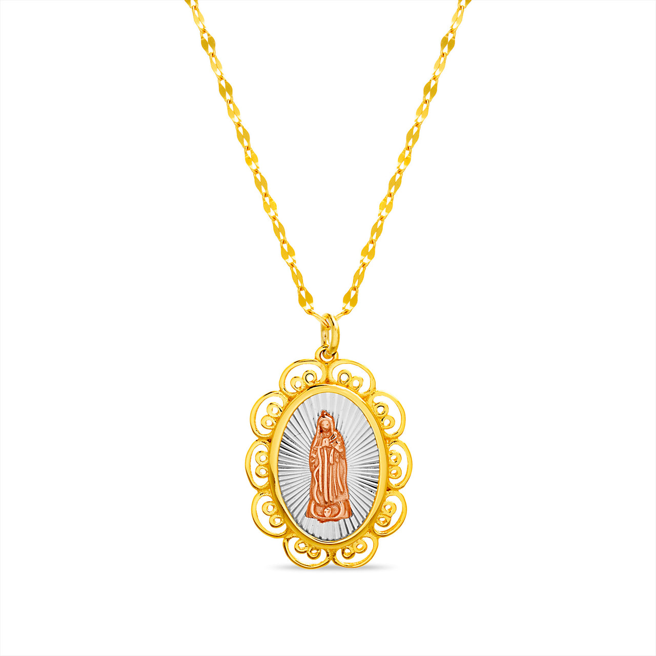 My Bible Virgin Mary with Floral Border Pendant Necklace in Yellow Gold Plated Sterling Silver