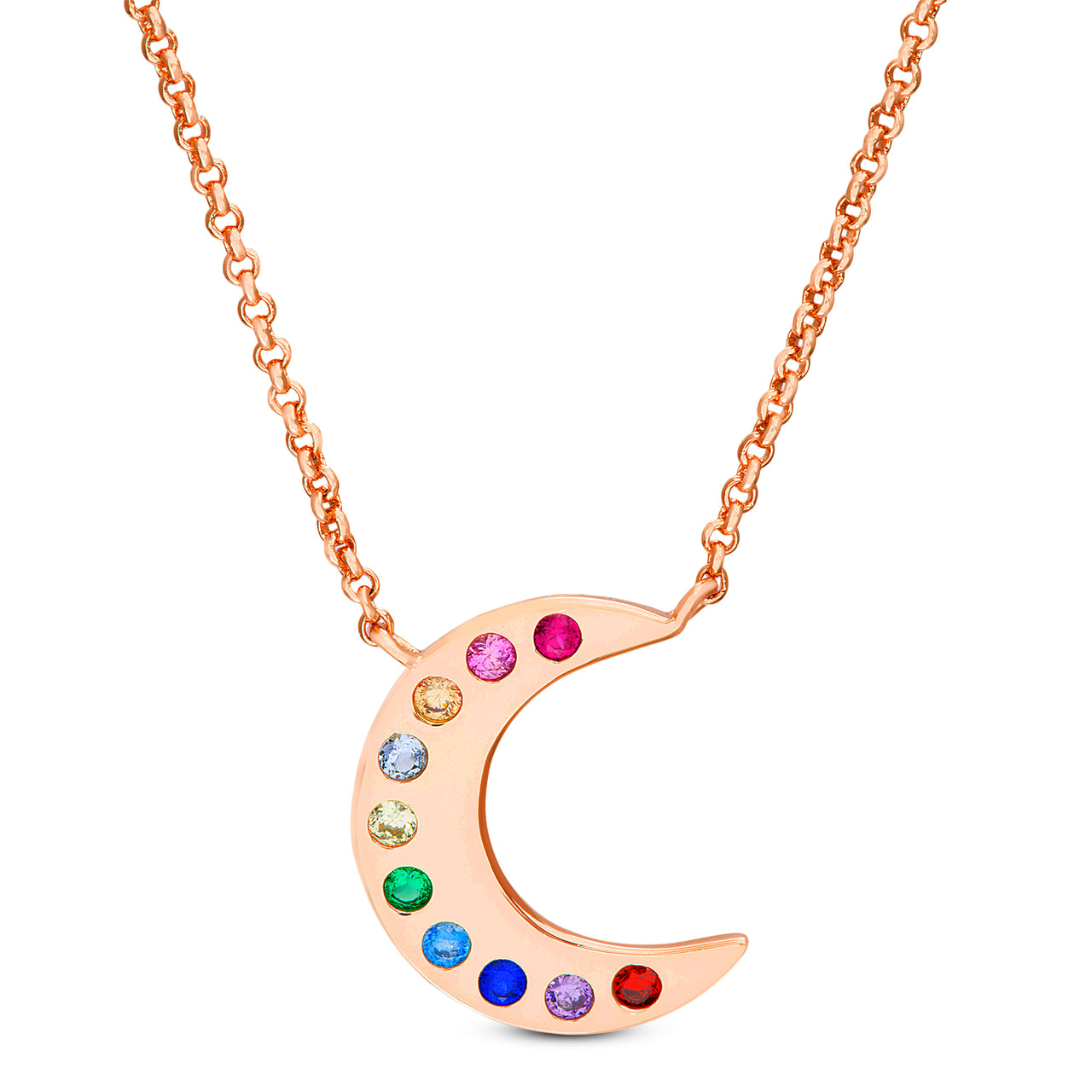 Lesa Michele Rose Gold Plated Sterling Silver Rainbow Cubic Zirconia Crescent Moon Necklace