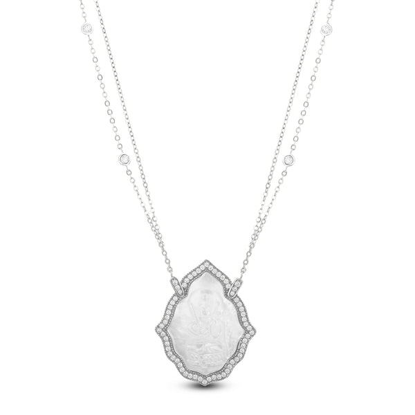 Sterling Silver Cubic Zirconia Mother of Pearl Religious Vintage Shaped Pendant Necklace