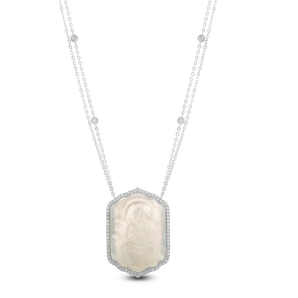 Sterling Silver Cubic Zirconia Mother of Pearl Religious Hexagon Pendant Necklace