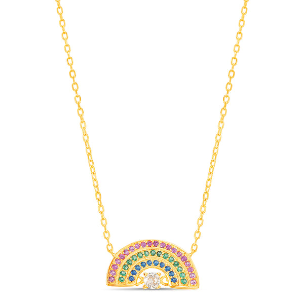 Rainbow Cubic Zirconia Cable Chain Necklace in Yellow Gold Plated Sterling Silver
