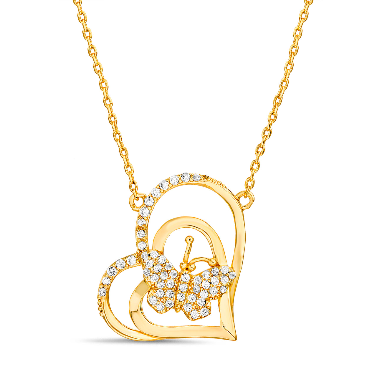 Lesa Michele Yellow Gold Plated Sterling Silver Double Heart Butterfly Necklace with Cubic Zirconia
