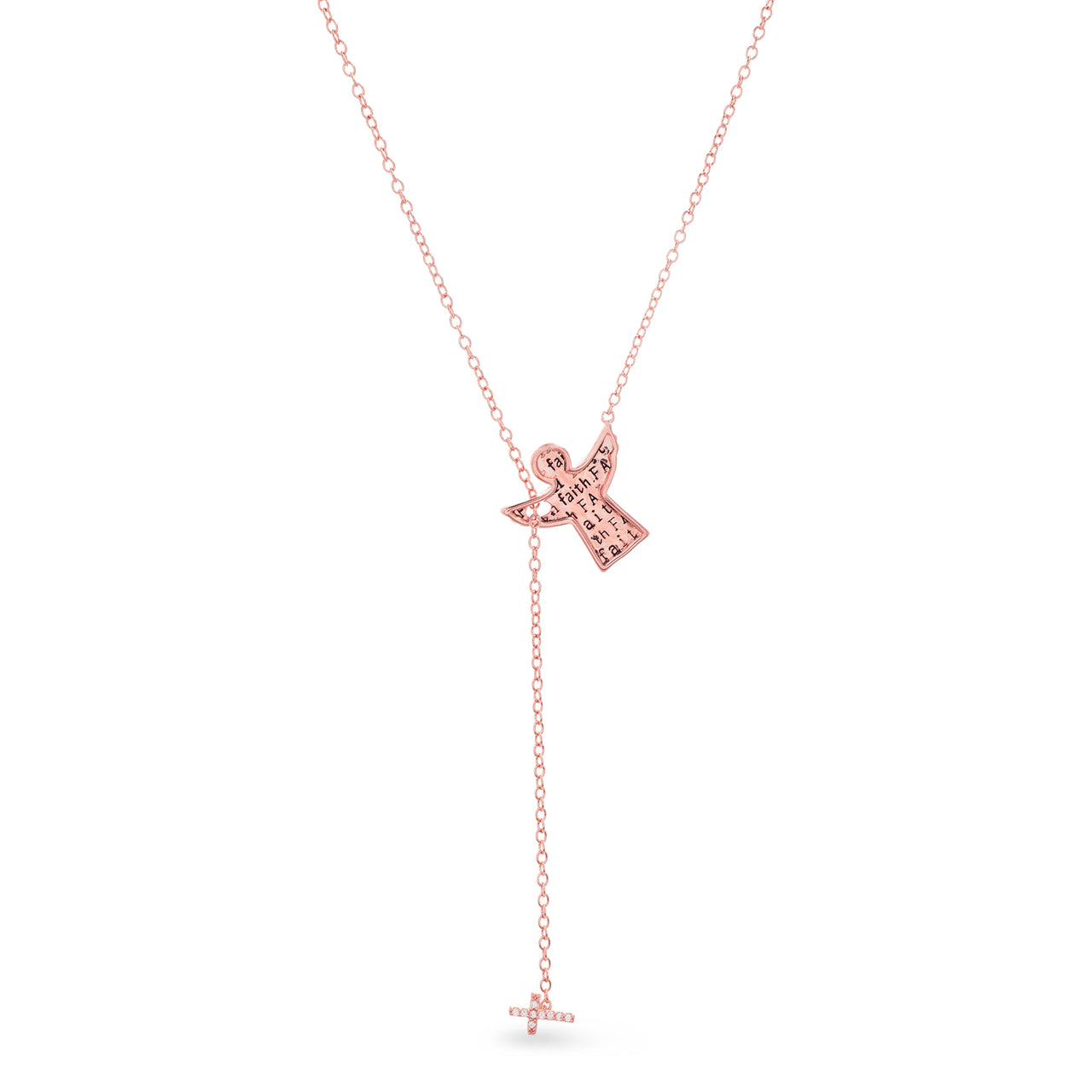 Aubrey Lee Cubic Zirconia Faith Angel and Cross Y Necklace Rose Gold Plated