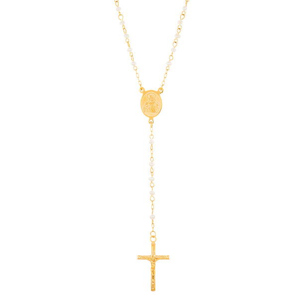 My Bible Yellow Gold IP Plated Stainless Steel Simulated Pearl Rosary Necklace