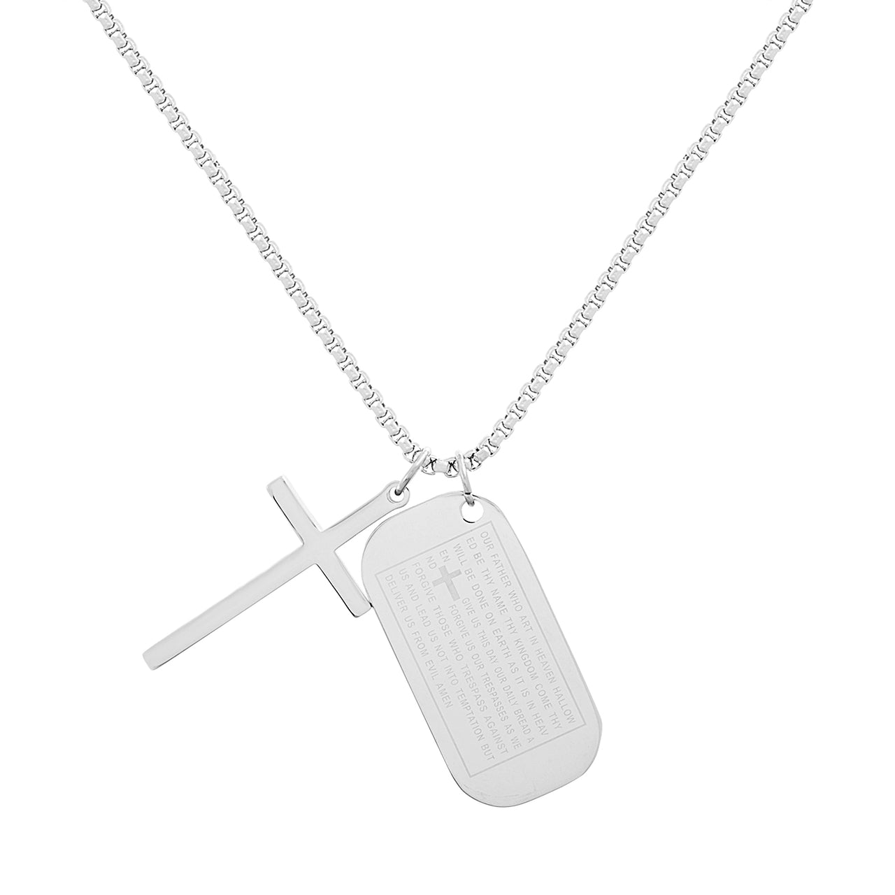 My Bible Stainless Steel Cross and Lord's Prayer Dog Tag Necklace