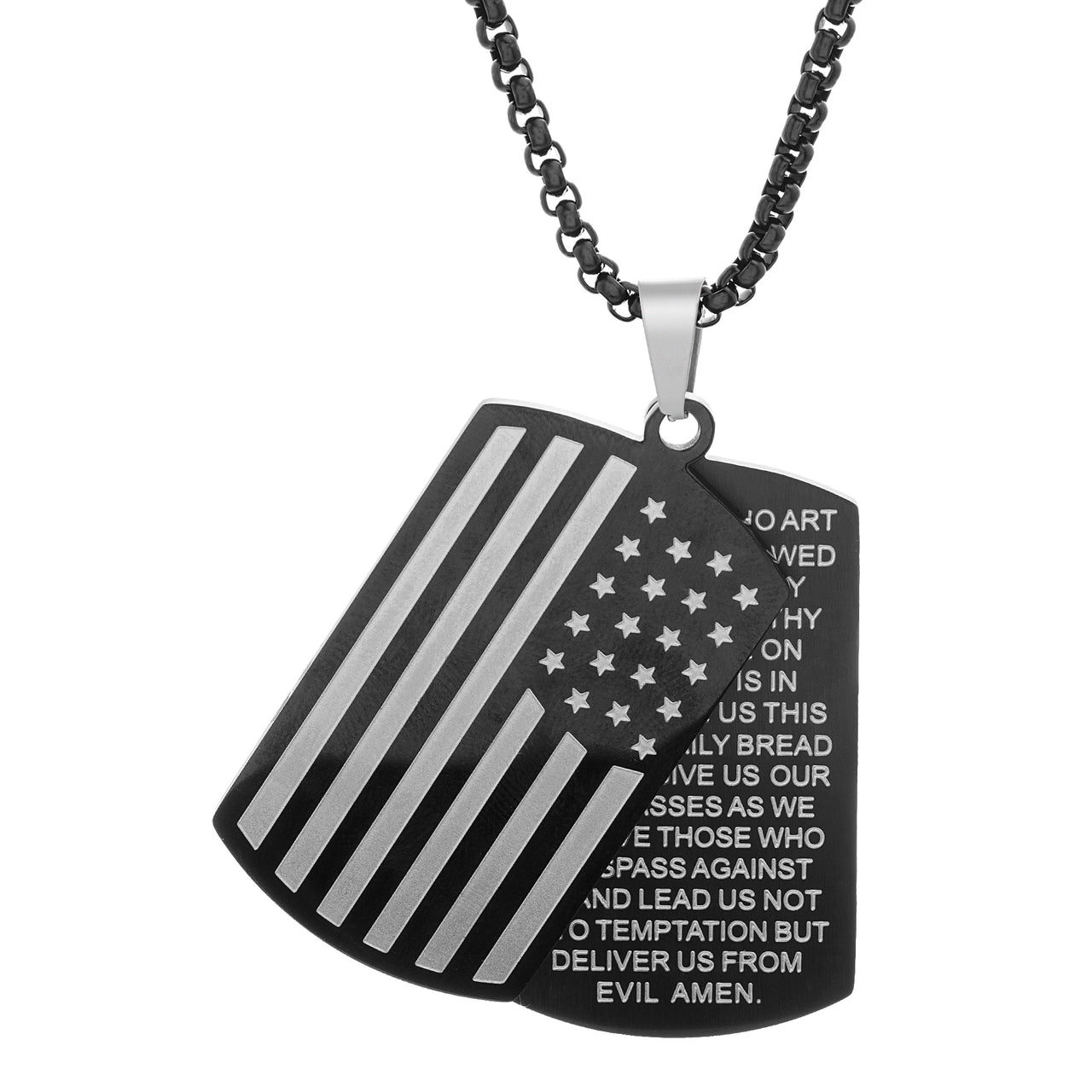 My Bible American Flag Black IP Plated Stainless Steel Lords Prayer Dog Tag Necklace