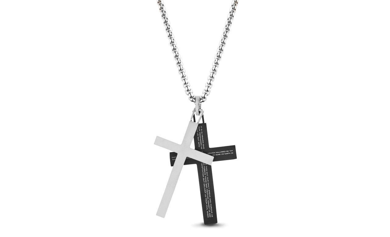 Steel Evolution Two-Tone Stainless Steel Duo Prayer Cross Charm on 28" Rolo Chain Necklace