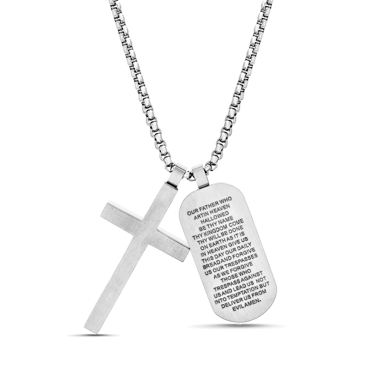 My Bible Stainless Steel Cross and Lord's Prayer Dog Tag Necklace