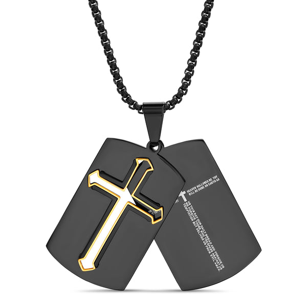 My Bible 2 Sided Stainless Steel Cross and Lords Prayer Dog Tag Necklace