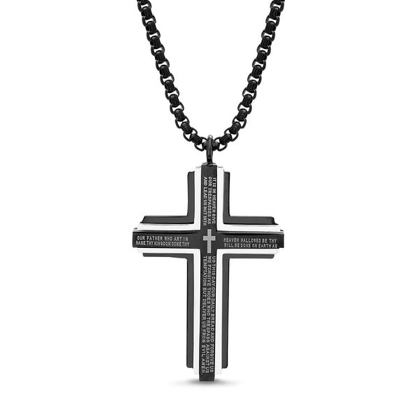 Stainless Steel Cross Pendant on 24 Inch Chain with Black Rhodium Plating