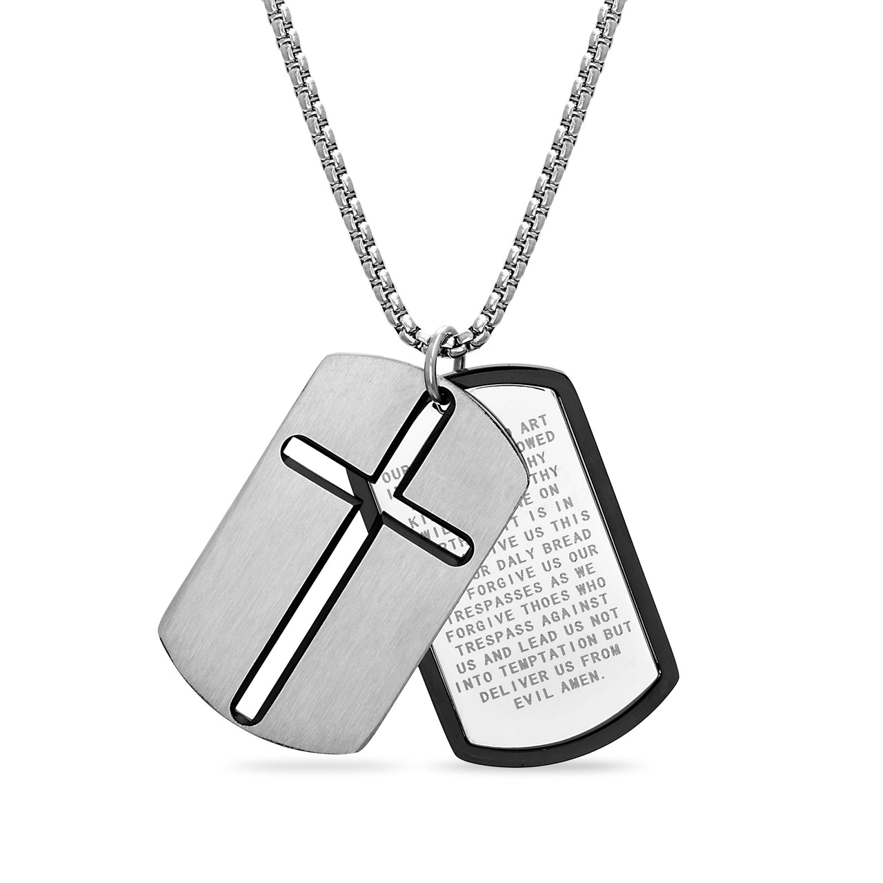 My Bible Stainless Steel Cross and Lords Prayer Dog Tag Necklace