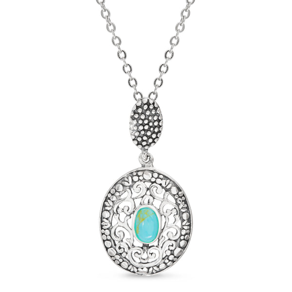 Willowbird Simulated Turquoise Filigree Disc Drop Pendant Necklace in Oxidized Sterling Silver