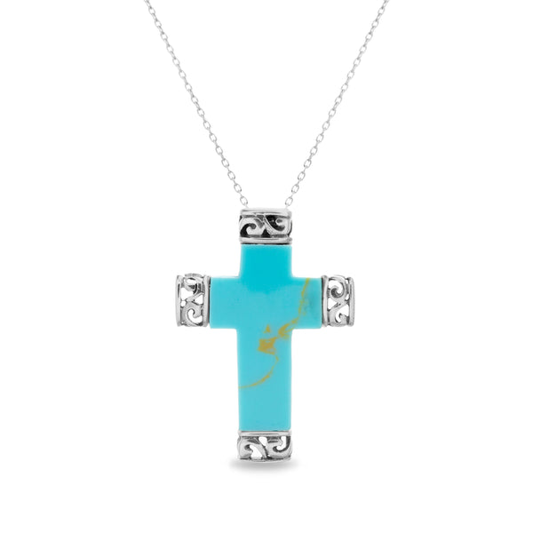 Willowbird Simulated Turquoise Stone Cross Pendant Necklace in Oxidized Sterling Silver