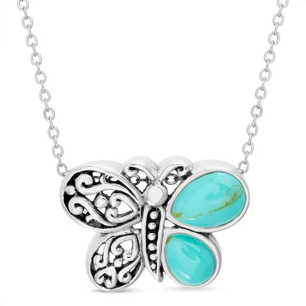 Willowbird Simulated Turquoise Filigree Butterfly Pendant Necklace in Oxidized Sterling Silver