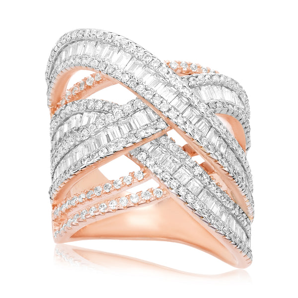 Lesa Michele Baguette & Round Cubic Zirconia Crossover Ring in Rose Gold Plated Sterling Silver