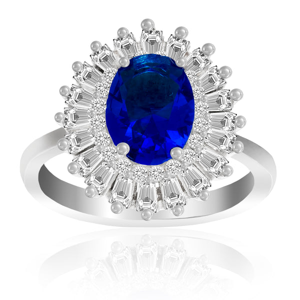 Lesa Michele Simulated Blue Sapphire & CZ Ring in Rhodium Plated Sterling Silver