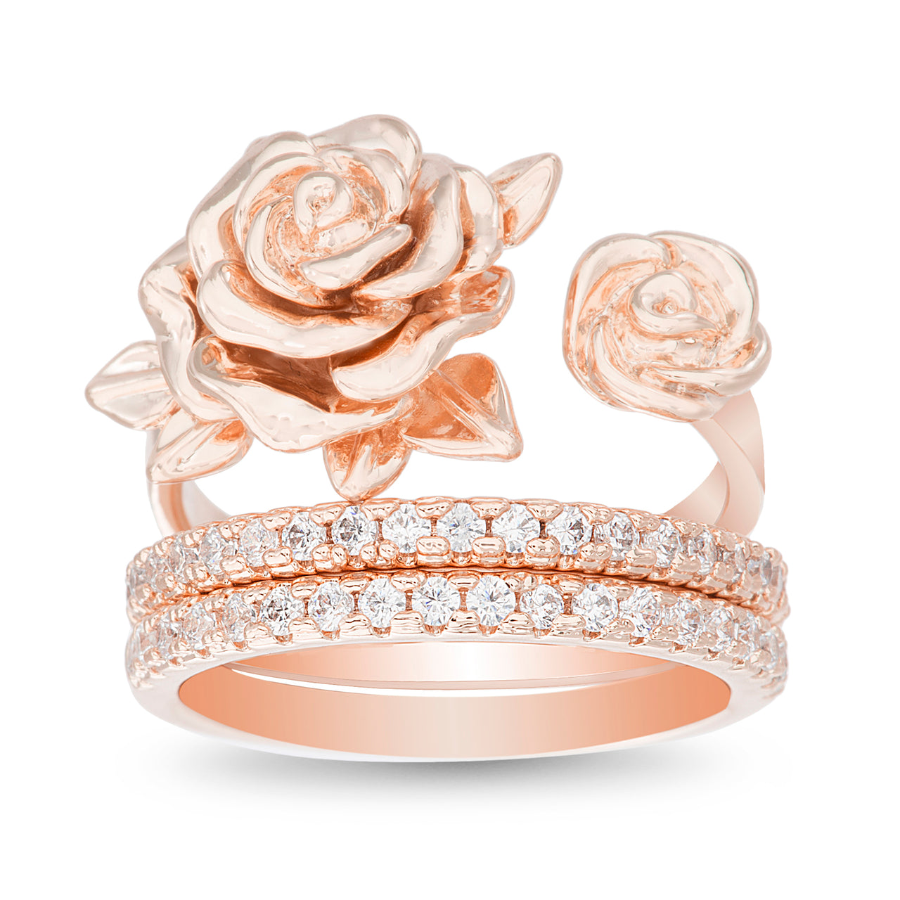 Rose Flower and Matching Cubic Zirconia Band 2pc Ring for Women Set in Rose Gold Plated 925 Sterling Silver