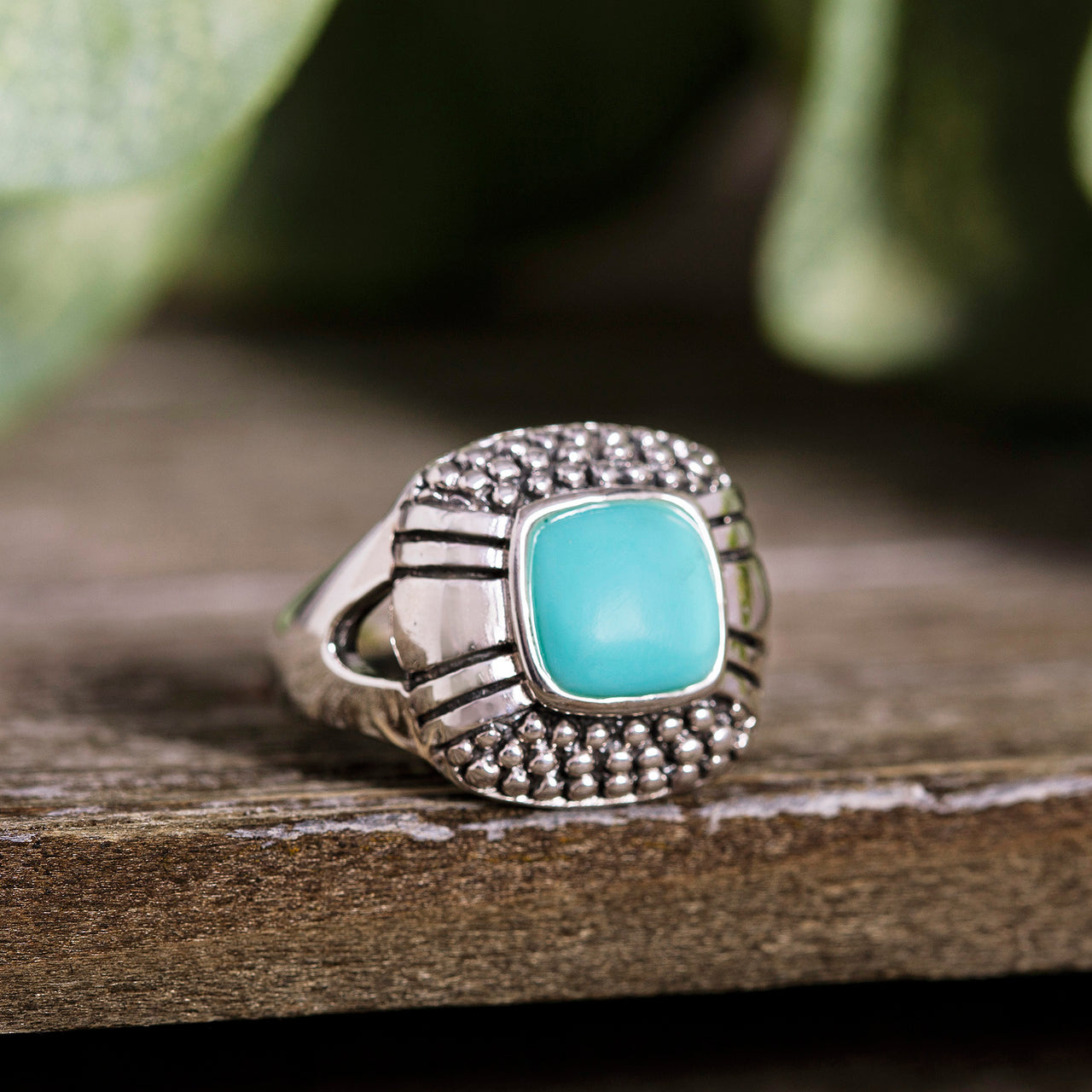 Willowbird Simulated Turquoise Beaded Ring in Oxidized Sterling Silver