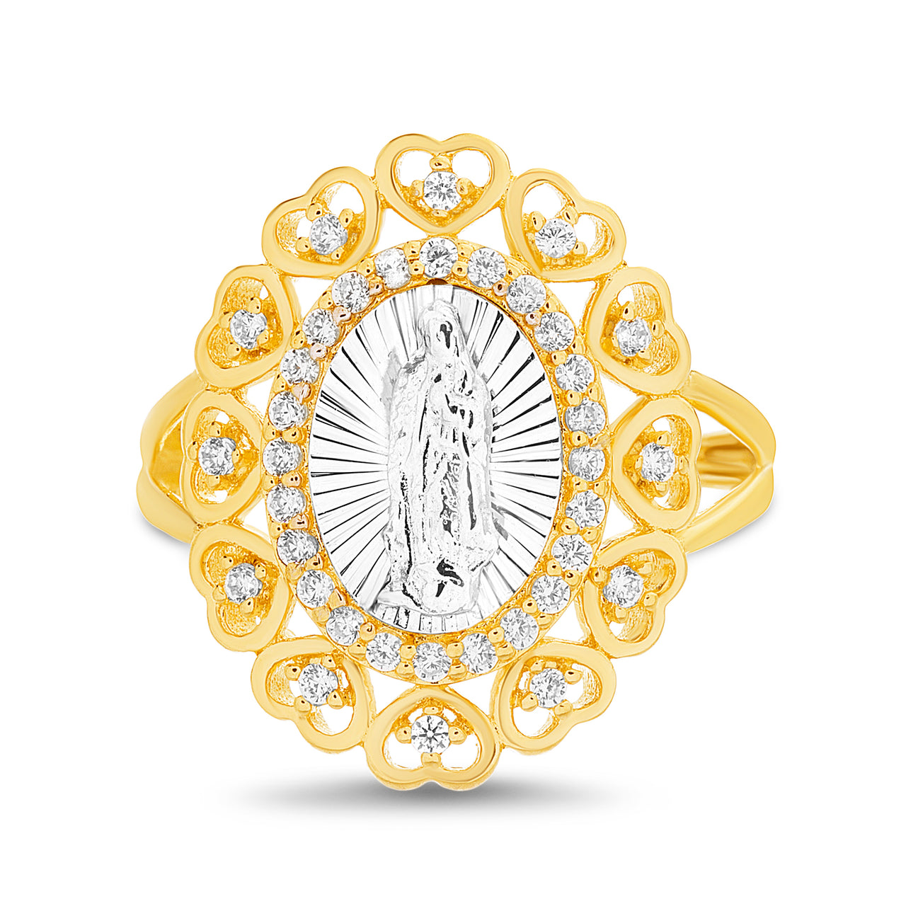 Two-tone Plated Sterling Silver Cubic Zirconia Religious Figure Heart Border Ring