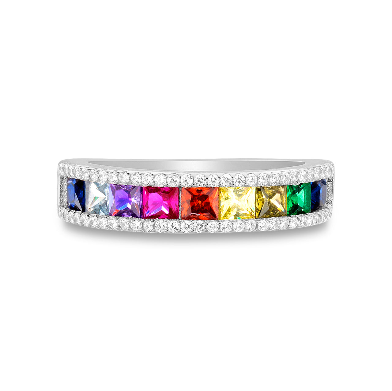 Lesa Michele Rainbow Princess Cut Cubic Zirconia Channel Set Band Ring in Rhodium Plated Sterling Silver