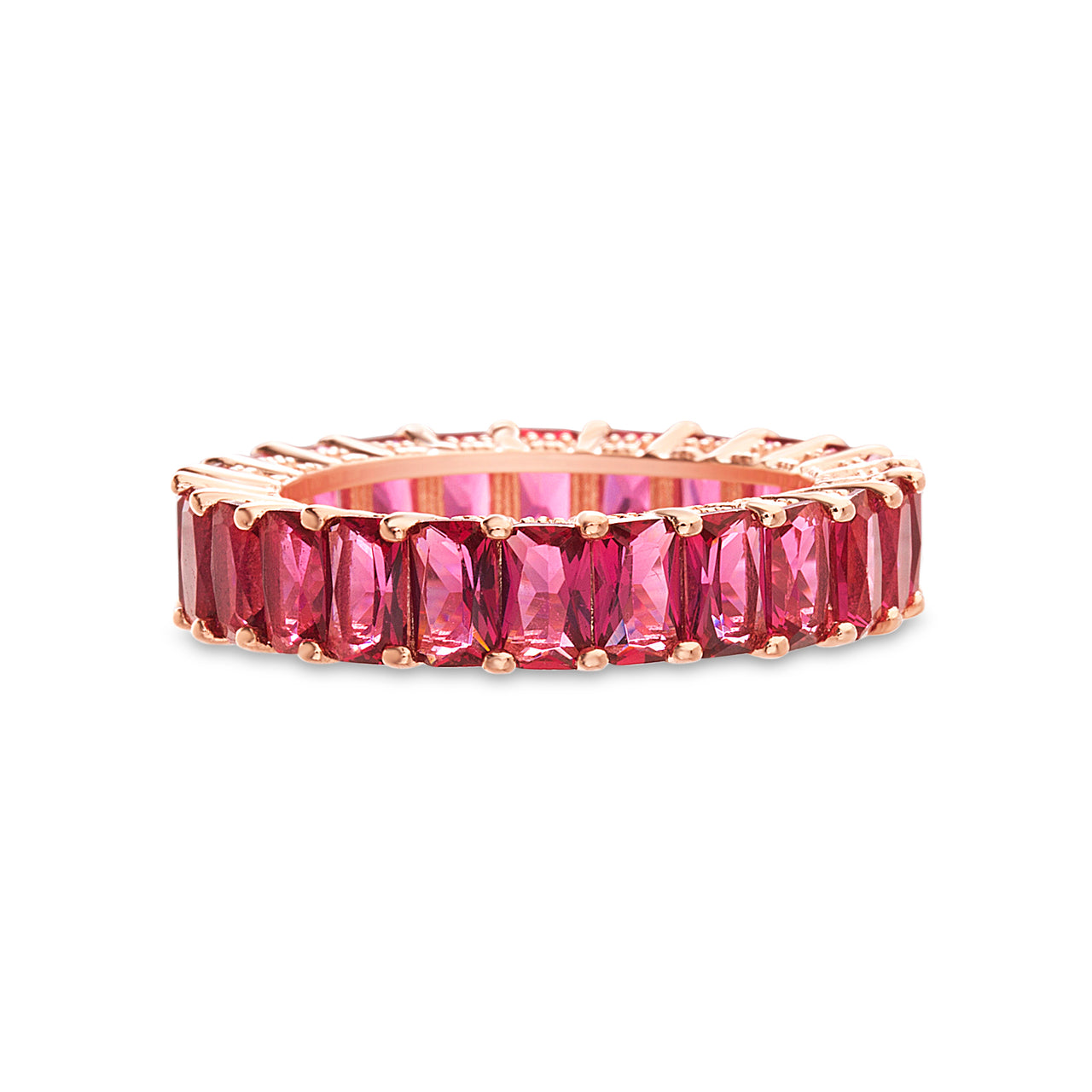Lesa Michele Simulated Ruby Cubic Zirconia Emerald Cut Eternity Band Ring in Rose Gold Plated Sterling Silver