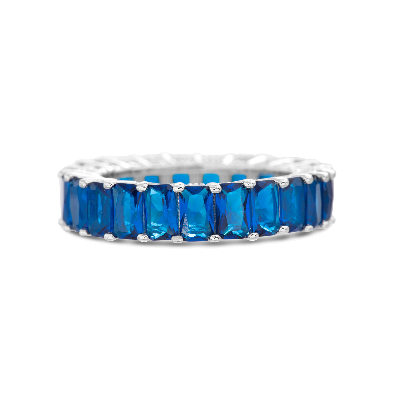 Lesa Michele Simulated Sapphire Cubic Zirconia Emerald Cut Eternity Band Ring in Rhodium Plated Sterling Silver