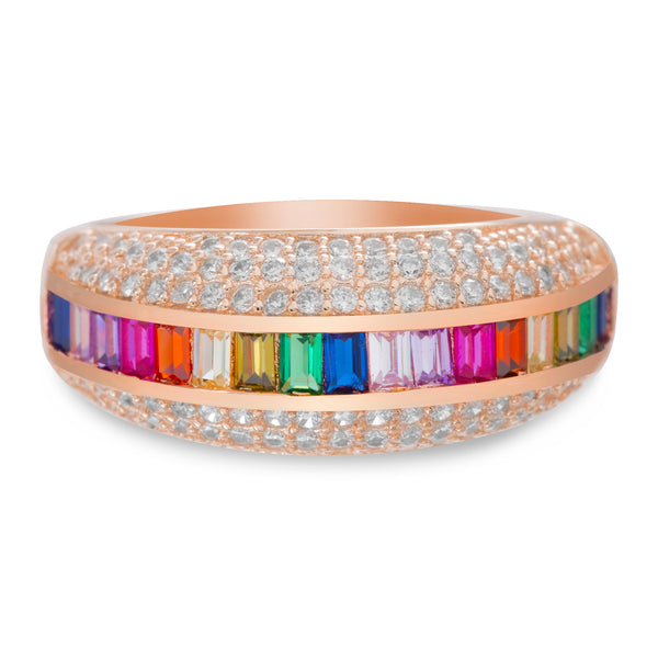 Lesa Michele Rainbow Cubic Zirconia Baguette Band Ring in Rose Gold Plated Sterling Silver