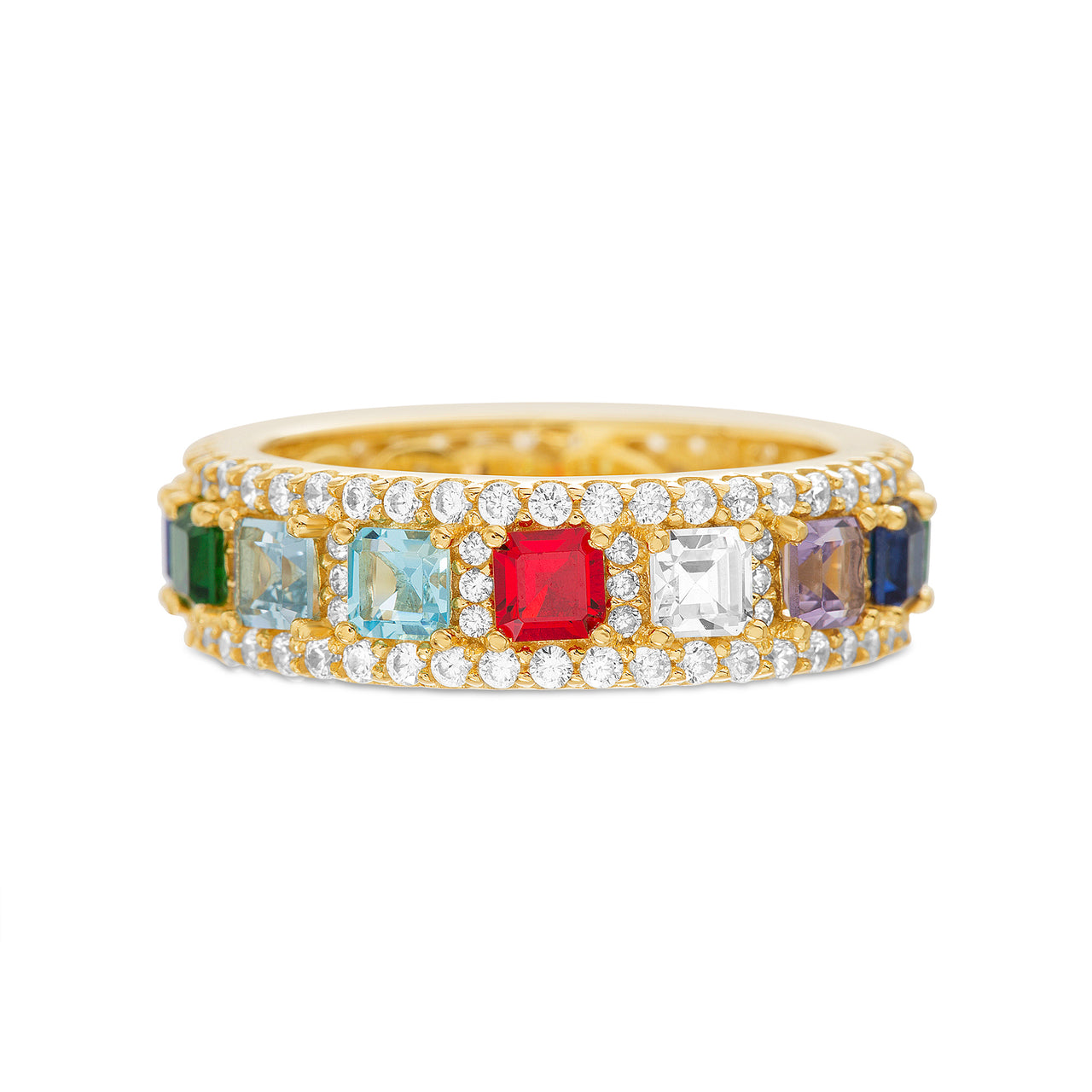 Lesa Michele Rainbow Cubic Zirconia Eternity Band Ring in Yellow Gold Plated Sterling Silver