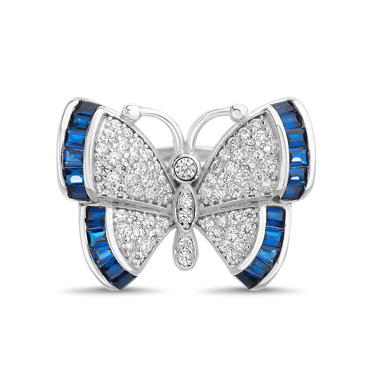 Lesa Michele Blue Cubic Zirconia Butterfly Ring in Rhodium Plated Sterling Silver
