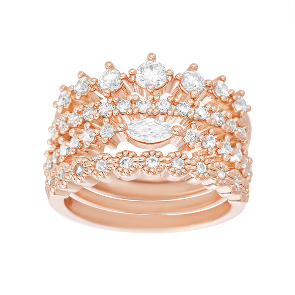 Cubic Zirconia Tiara Style 4 Piece Stackable Ring Set in Rose Gold Plated Brass