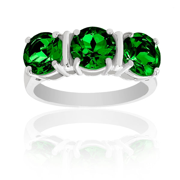 Simulated Emerald Three Stone Ring in Rhodium Plated Brass