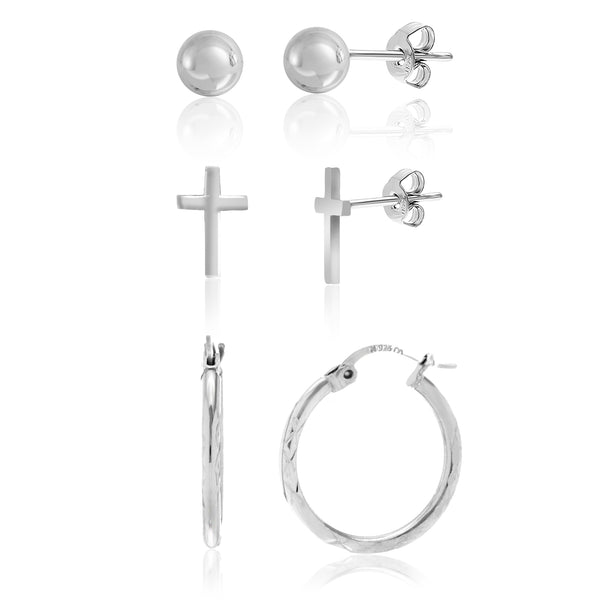 My Bible Sterling Silver Cross Ball Stud Hoop Earring Trio Set