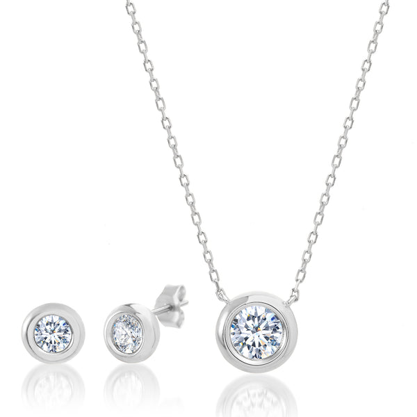Lesa Michele Bezel Set Cubic Zirconia Necklace and Earring Set in Sterling Silver