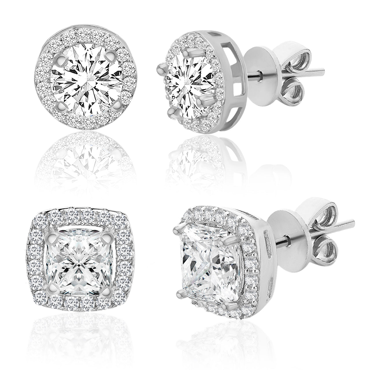 Lesa Michele Rhodium Plated Sterling Silver Cubic Zirconia Round and Square Duo Stud Earring Set