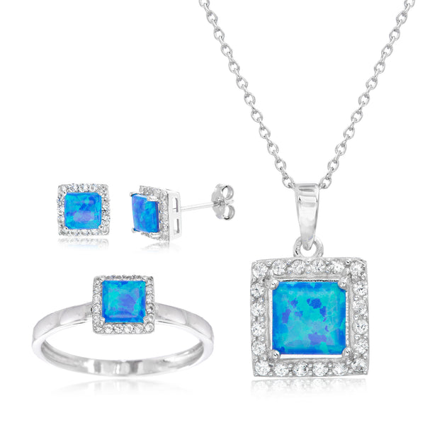 Lesa Michele Lab Created Blue Opal & Cubic Zirconia 3pc Ring, Pendant & Earring Set in Sterling Silver