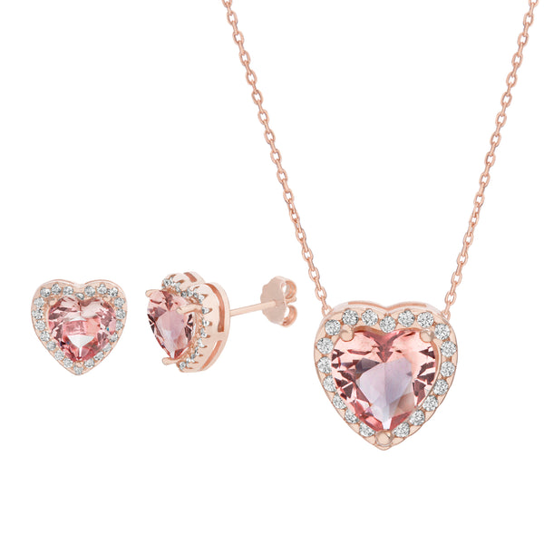 Lesa Michele Rose Gold Plated Sterling Silver Simulated Morganite and CZ Heart Shaped Necklace and Stud Earring Set