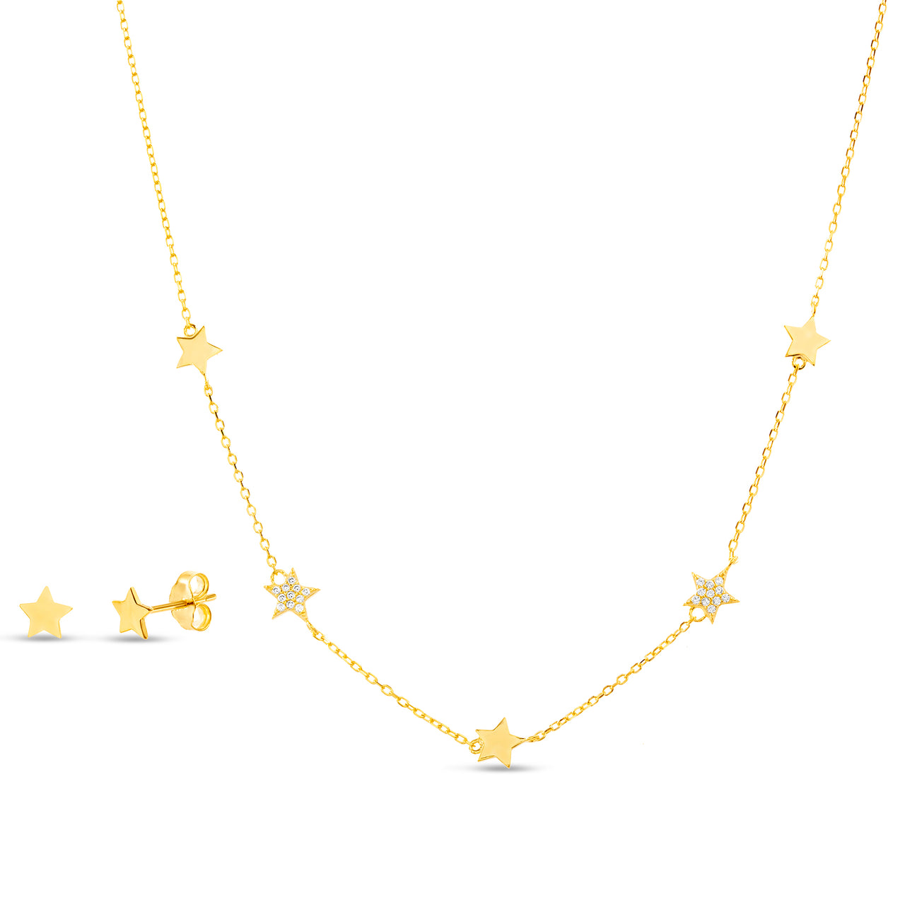 Lesa Michele Yellow Gold Plated Sterling Silver Star Stations Necklace and Matching Stud Earring Set