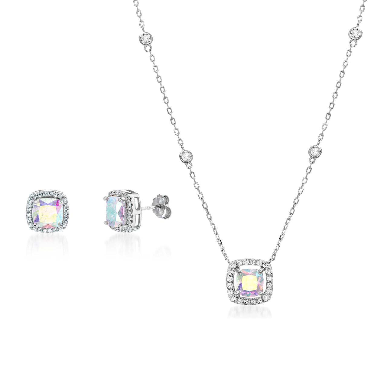 Cubic Zirconia & Aurora Borealis Cushion Pendant & Stud Gift Earring Set for Women in 925 Sterling Silver