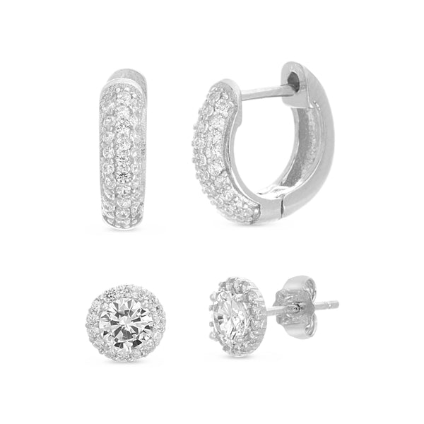 Lesa Michele Cubic Zirconia Huggie Hoop and Halo Stud Earring Set in Rhodium Plated Sterling Silver