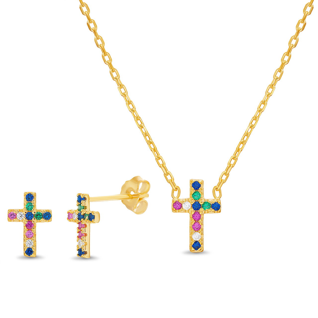 Sterling Silver Cubic Zirconia Girl's Cross Necklace and Stud Earring Set