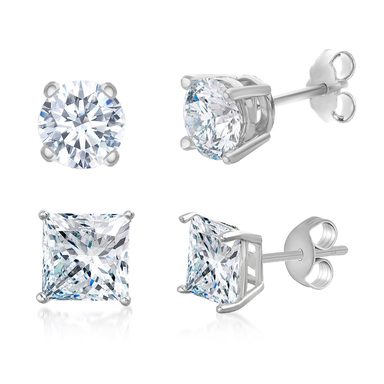 Lesa Michele 5mm Squared and 6mm Round Simulated Diamond Duo Post Earring Set in Rhodium Plated Sterling Silver