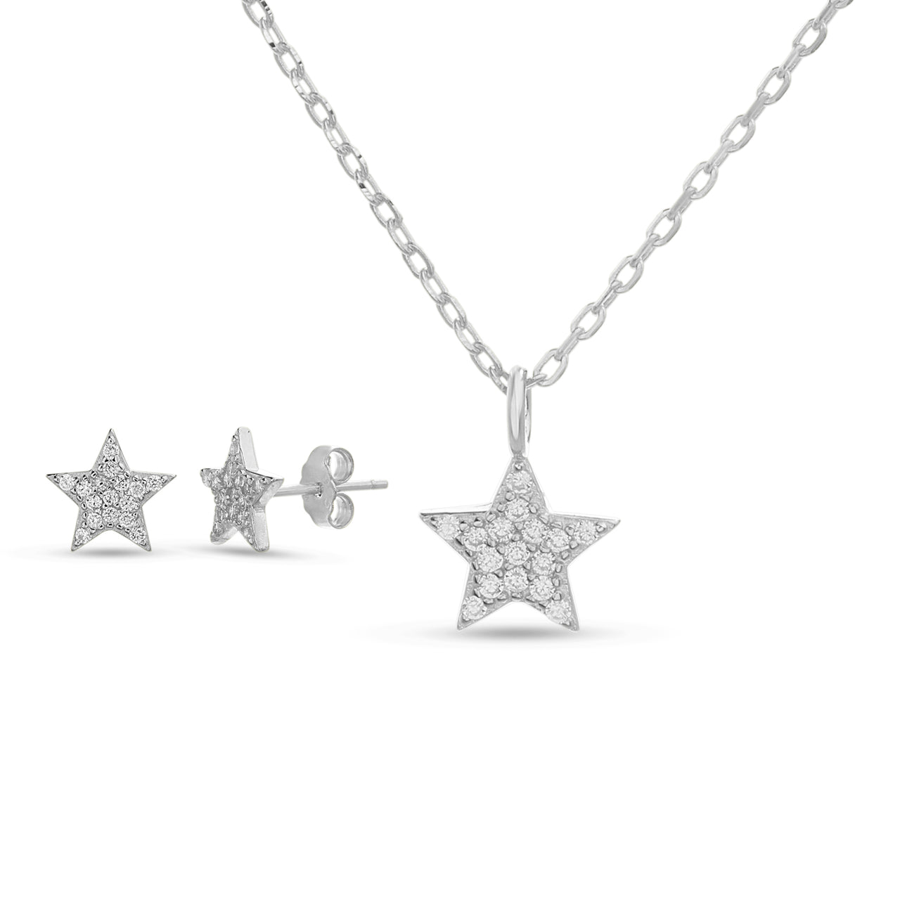 Lesa Michele Rhodium Plated Stelring Silver Star Cubic Zirconia Station Necklace and Matching Stud Earring Set