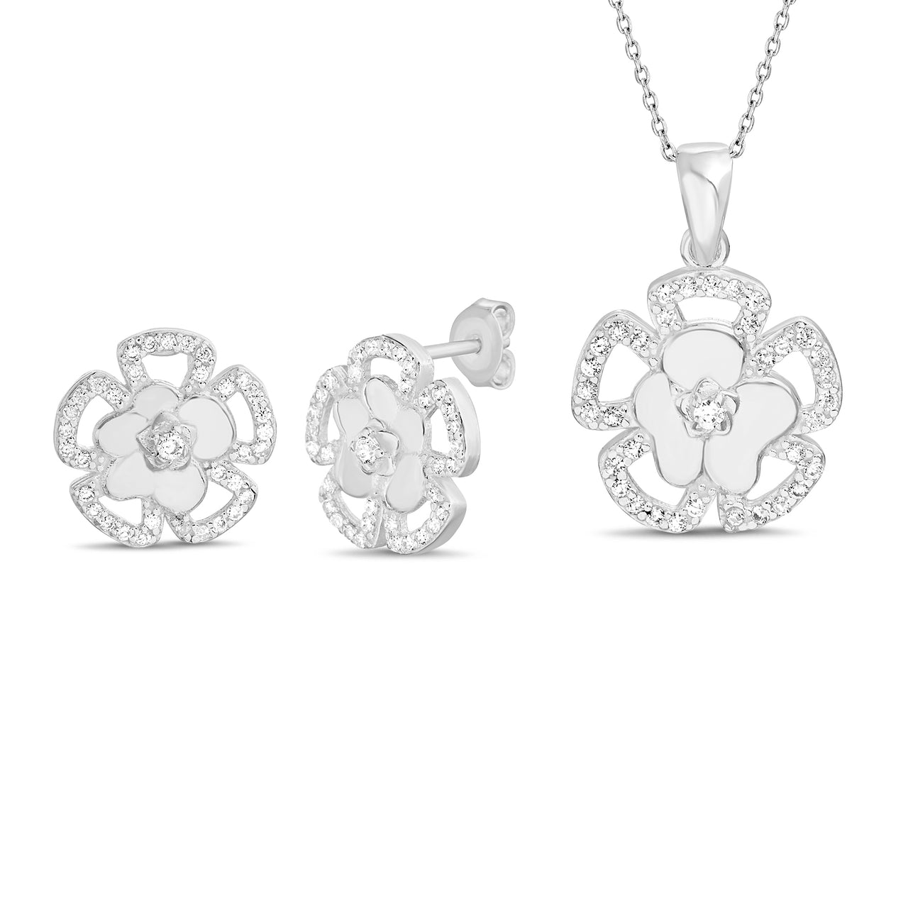 Lesa Michele Polished and Open Flower Pendant Necklace and Matching Stud Earring Set in Sterling Silver with Cubic Zirconia