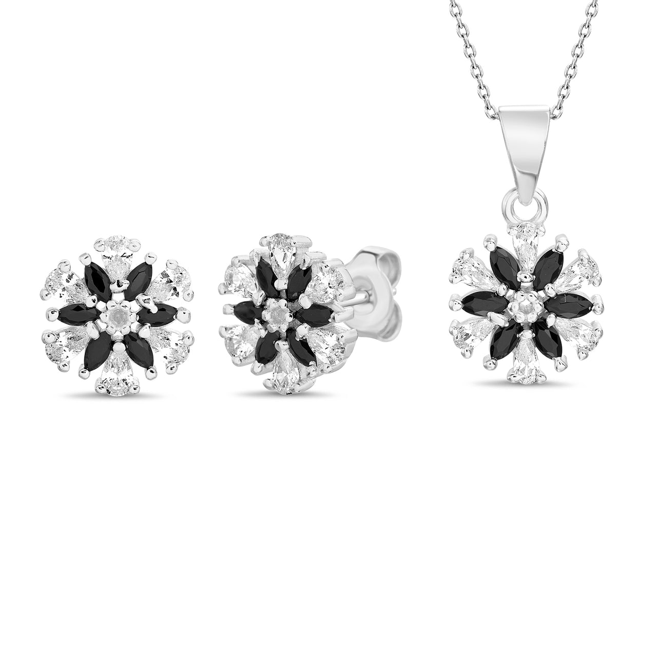 Lesa Michele Sterling Silver Black Cubic Zirconia Marquise Cut Design Necklace and Matching Stud Earring Set