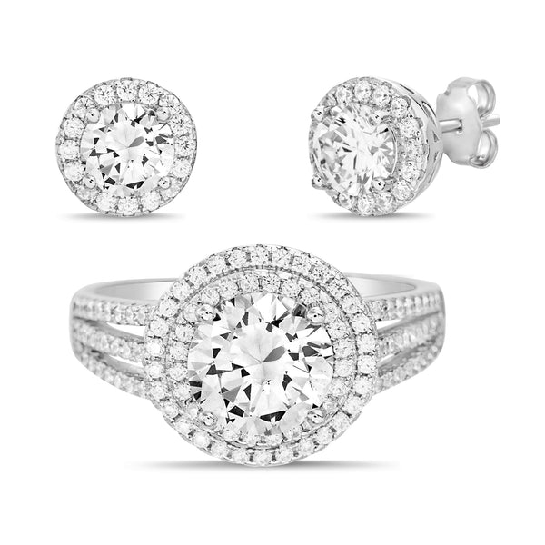 Lesa Michele Sterling Silver Simulated Diamond Halo Stud Earrings and Ring Box Set