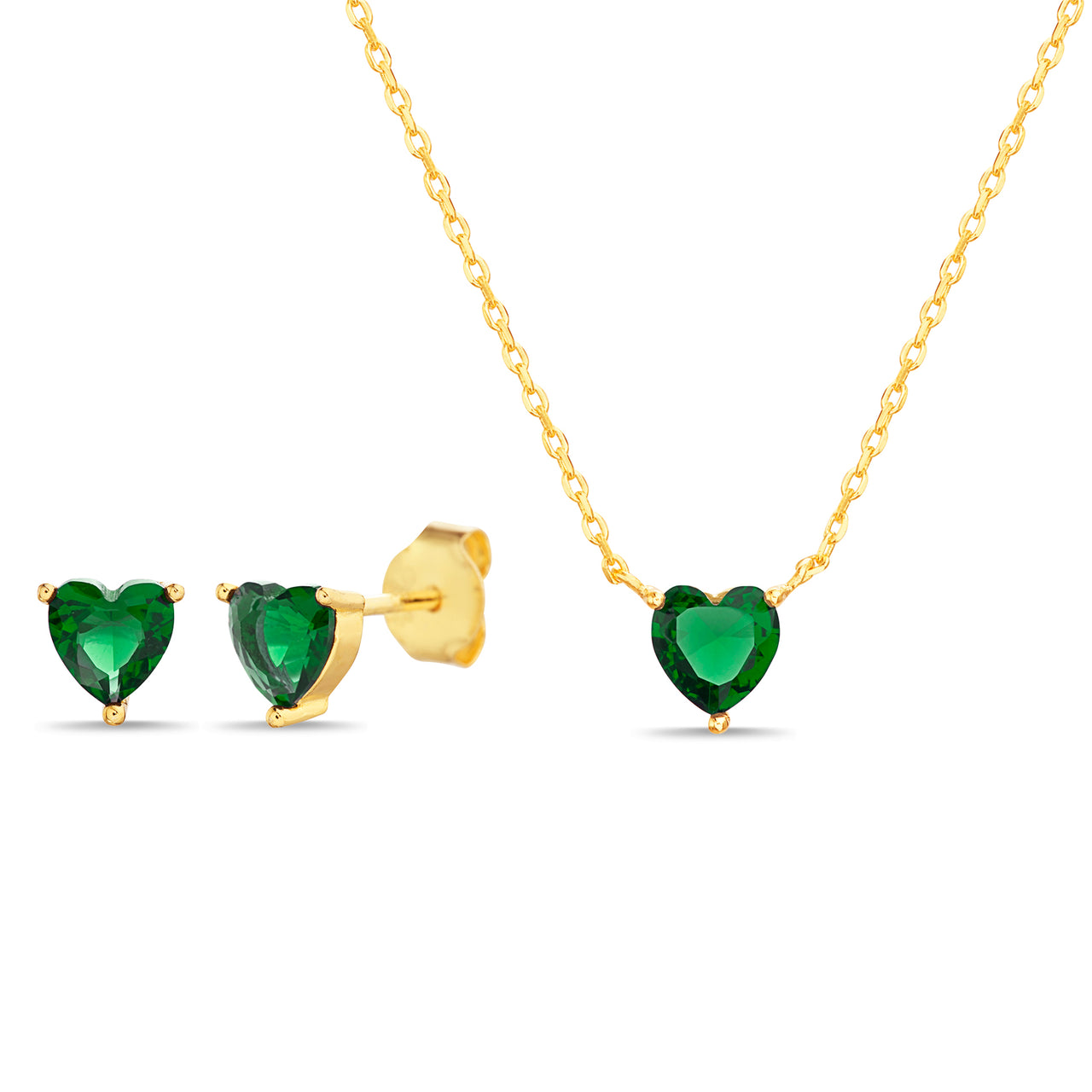 Lesa Michele Yellow Gold Plated Sterling Silver Various Colors Cubic Zirconia Simple Heart Shaped Necklace and Matching Stud Earring Set