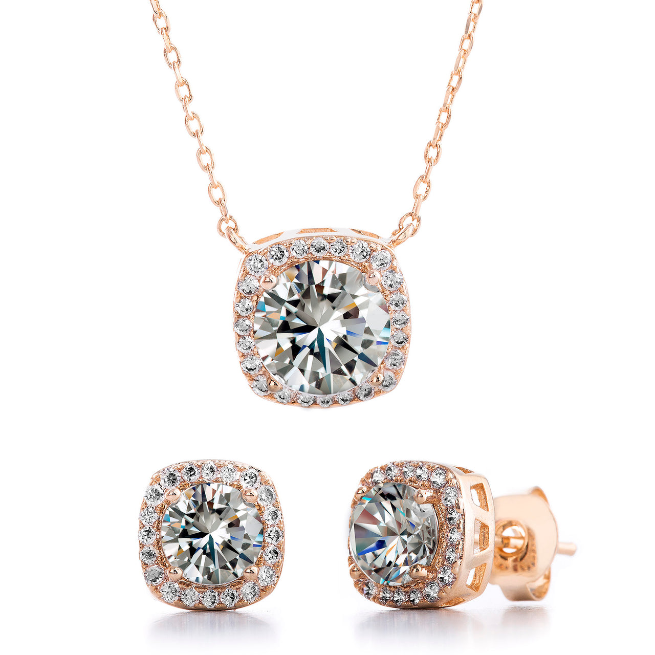 Lesa Michele Rose Gold Plated Sterling Silver Crystal Square Cut Necklace and Matching Stud Earring Set