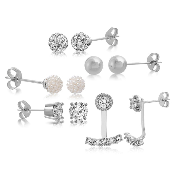 Aubrey Lee Cubic Zirconia and Simulated Pearl Ball Front To Back Stud and Jacket 5 Piece Earring Set in Rhodium Plated Brass