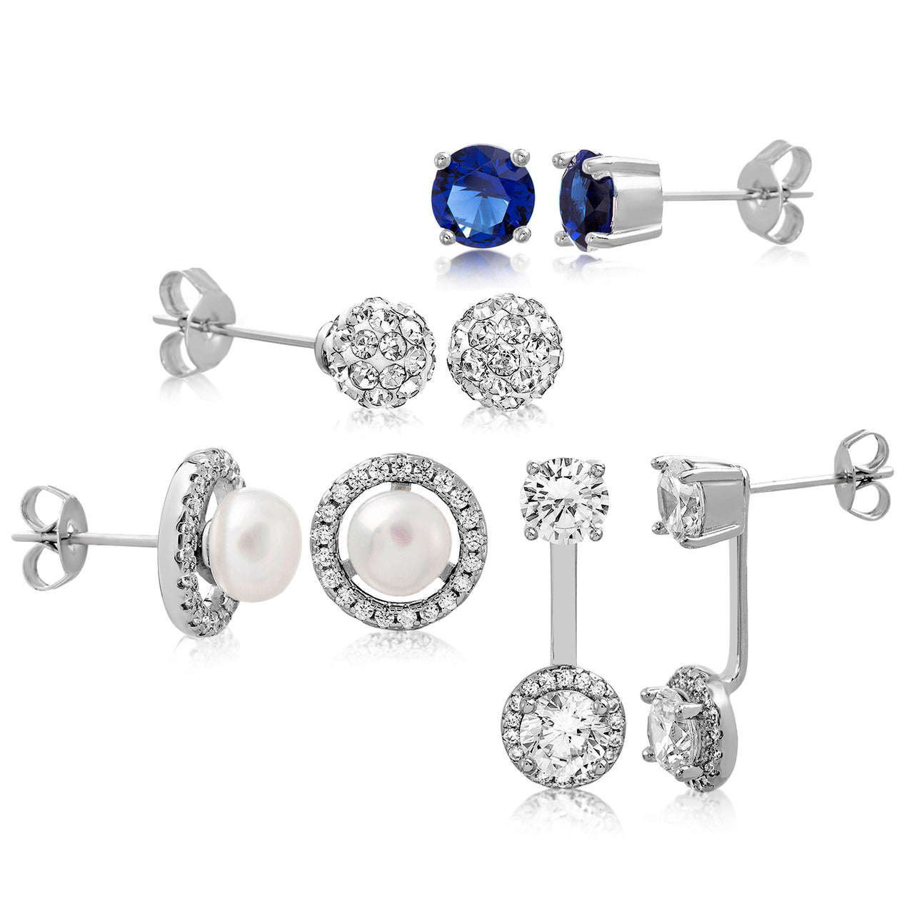 Aubrey Lee Cubic Zirconia Simulated Blue Sapphire and Simulated Pearl Ball Front To Back Stud and Jacket 4 Piece Earring Set in Rhodium Plated Brass