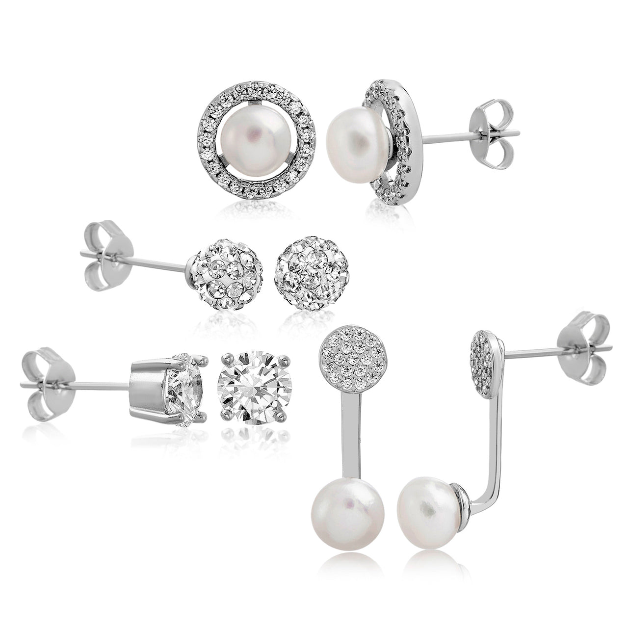 Aubrey Lee Cubic Zirconia and Simulated Pearl Ball Front To Back Stud and Jacket 4 Piece Earring Set in Rhodium Plated Brass